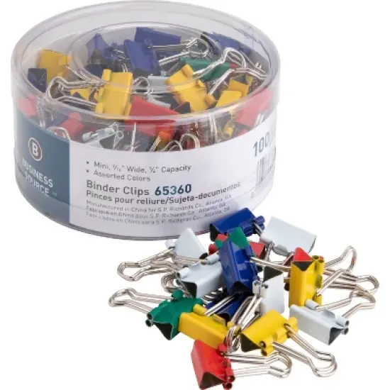 Business Source Binder Clips Mini 9/16"W 1/4" Capacity 100/PK Assorted 65360 image {1}