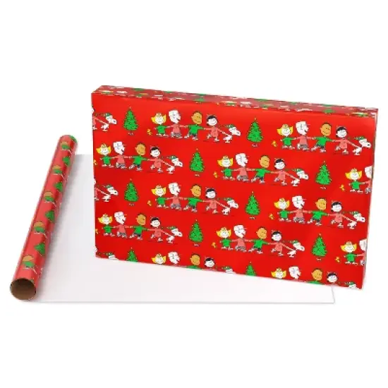 American Greetings 30" 25 sq ft Metallized Peanuts Ice Skating on Red Gift Wrap image {1}