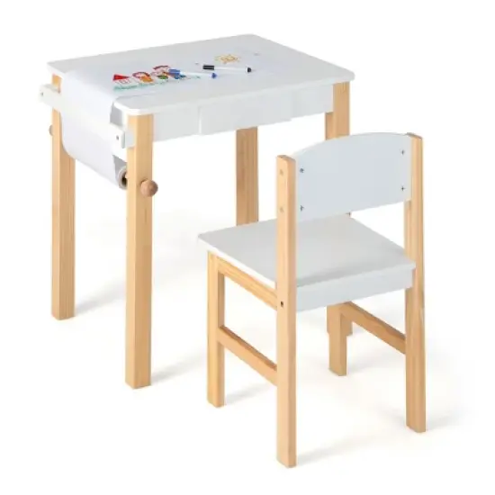 Costway Kids Table and Chair Set Wooden Activity Drawing Study Desk with Paper Roll  Drawer image {10}