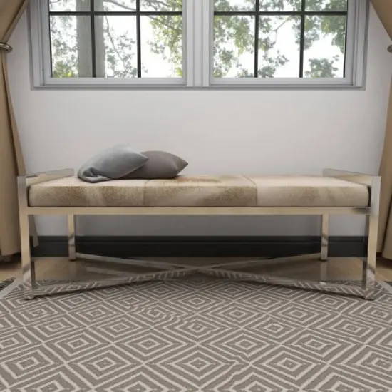 Contemporary Stainless Steel Rectangular Cowhide Bench - Olivia & May image {19}