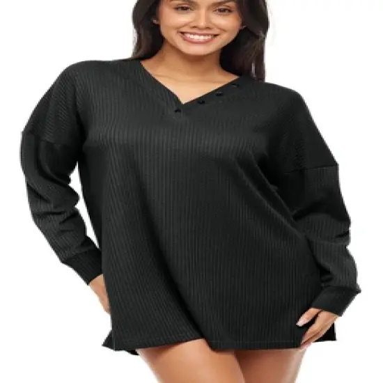 Women's Soft Ribbed Waffle Rib Knit Oversized Sleep Shirt, V-neck Night Shirt Sweater Top image {8}