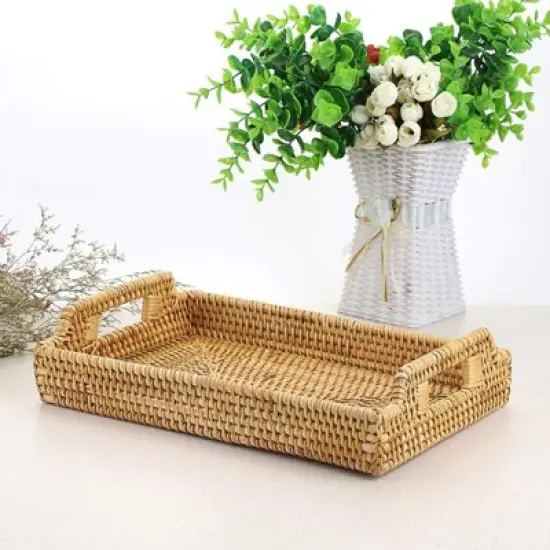 BRINJOY Handwoven Rattan Tray with Handles - 12.4x8.3 inch Rectangular Storage Basket for Breakfast, Snacks, Coffee Table Organization image {3}