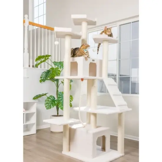 Armarkat B8201 Classic Real Wood Cat Tree In Ivory, Jackson Galaxy Approved, Multi Levels With Ramp, Three Perches, Rope Swing, Two Condos image {1}