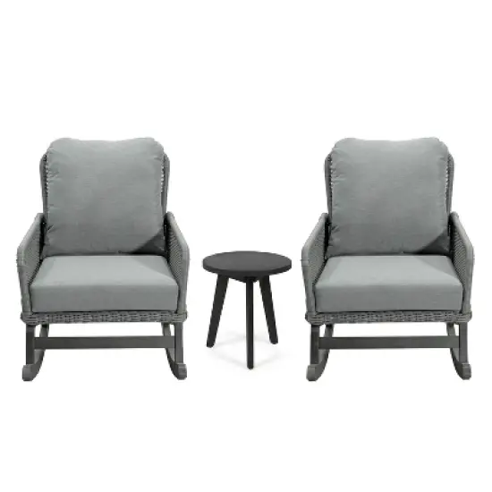 FIONECA Modern 3-Piece Outdoor Seating Set with 2 Gray Cushioned PE Rattan Rocking Chairs & Wooden Accent Table for Patio/Balcony image {6}