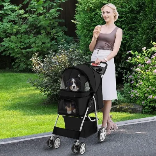 Tangkula 4 Wheels Pet Stroller Folding Cat Dog Stroller W/Storage Basket & Tray Adjustable Canopy All-Terrain EVA Wheels Foldable Cart image {1}