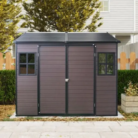 8 x 6 ft Resin Outdoor Storage Shed Waterproof Shed with Floor & Two Windows & Lockable Door, Tool Shed for Garden, Patio, Backyard,Gray image {9}