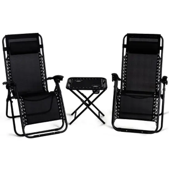 Costway 3PCS Zero Gravity Reclining Lounge Chairs Table Pillows Folding Portable Black image {1}