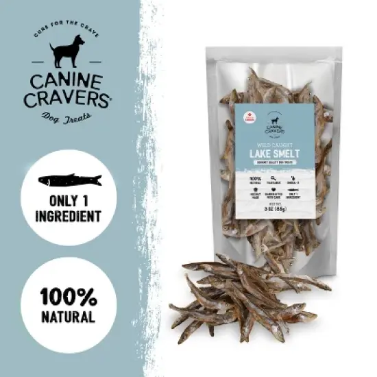 Canine Cravers Single Ingredient Air Dried Dog Treats - Wild Caught Lake Smelt 3 oz - Pouch image {2}