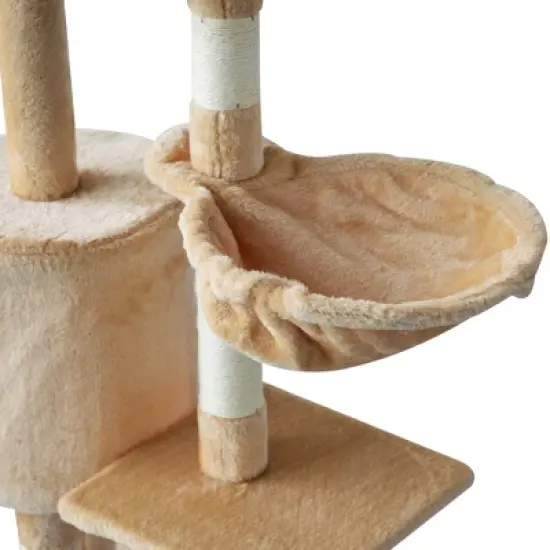 PawHut 53" Plush Sturdy Interactive Cat Condo Tower Scratching Post Activity Tree House - Beige image {7}