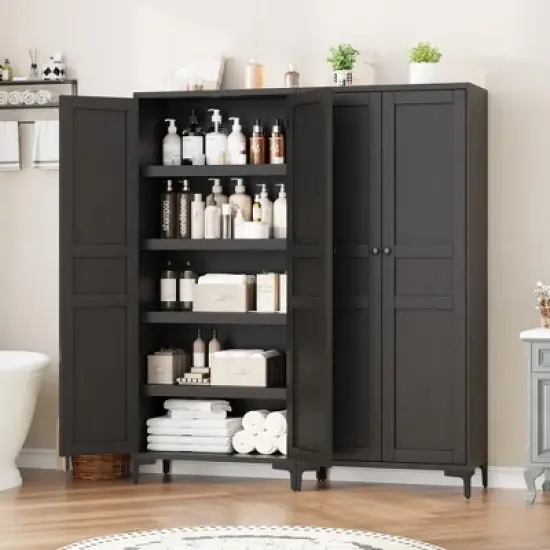 63 " Kitchen Pantry Cabinet 5 Tier Bathroom Cabinet with 4 Doors Adjustable Shelves image {4}