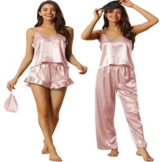cheibear Womens Satin Cami Shorts Pants Sleepwear Pajamas Sets 5 Pcs image {7}