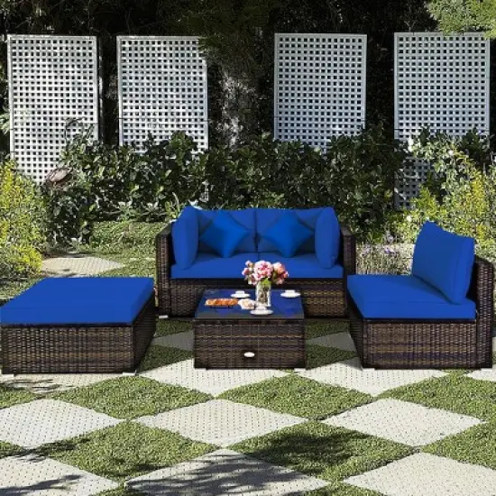 Costway 5PCS Outdoor Patio Rattan Furniture Set Sectional Conversation Turquoise\Navy\Black Cushion image {3}