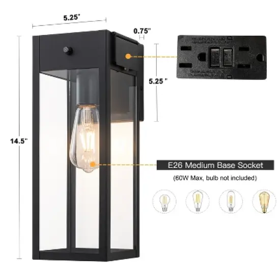 C Cattleya Black Dusk to Dawn Outdoor Wall Lantern Sconce with GFCI Outlet image {7}