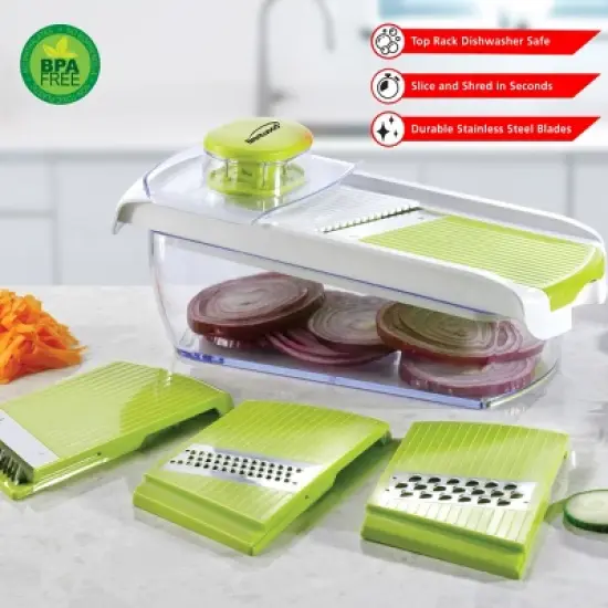 Brentwood Mandollin Slicer with 5 Cup Storage Container and 4 Interchangeable Stainless Steel Blades in Green image {5}
