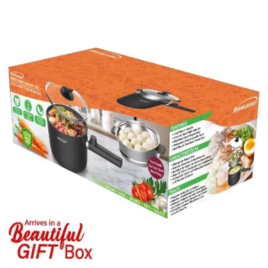 Brentwood 600-Watt 1.6-Qt. Multifunction Electric Hot Pot Cooker with Ceramic Non-Stick Ceramic Coating and Stainless-Steel Food Steamer, Black image {8}