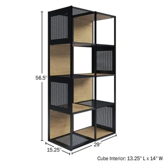 Lavish Home Freestanding 4-Tier Cube Storage Bookshelf &ndash; Industrial Wood and Metal Shelving, Oak/Black image {1}