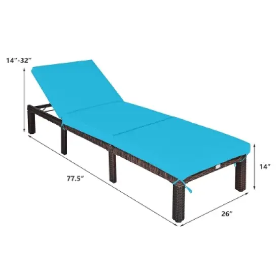Tangkula Outdoor Rattan Chaise Lounge Chair Adjustable Backrest Recliner with Turquoise Cushions image {1}