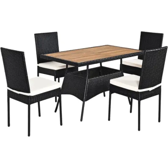 Costway 5 PCS Patio Rattan Furniture Set Wood Top Table Cushioned Chairs Garden Yard Deck image {9}