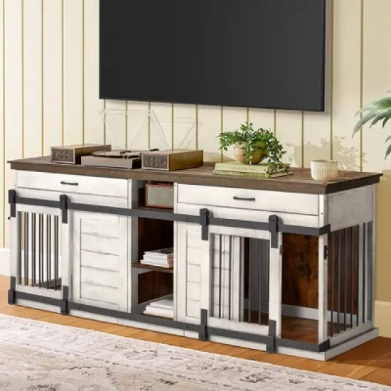 Erommy 84" Wood Dog Crate Furniture Indoor with Divider, Dog Crate End Table with 2 Drawers for Large Breeds, White image {4}