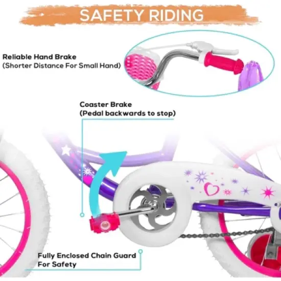 hykolity 16 inch Girls Bike Princess Bicycle for Age 4-7 Years Old Rider Height 41-53 inch includes Training Wheel Basket Doll Seat Violet Purple image {2}