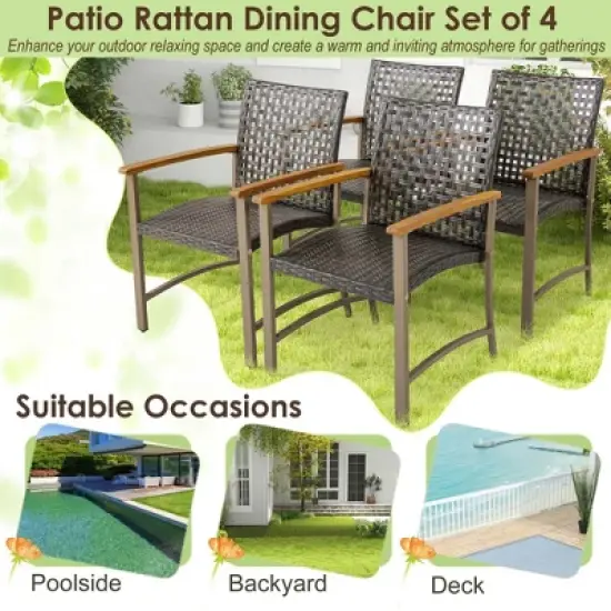 Costway Set of 4 Patio Dining Chairs Outdoor Wicker Armchairs with Acacia Wood Armrests image {6}
