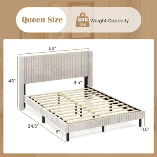 Costway Queen Size Velvet Bed Frame Upholstered Platform Bed with Wingback Headboard image {2}