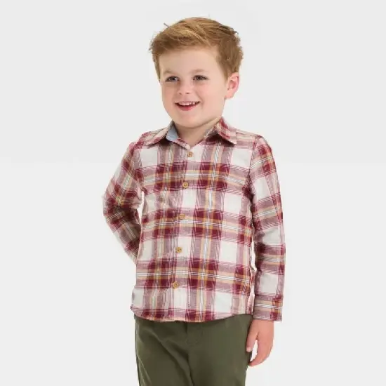OshKosh B'gosh Toddler Boys' Plaid Woven Long Sleeve Flannel Shirt - Burgundy/Brown/Cream image {3}
