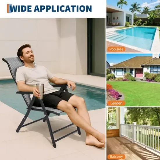 GustoWave Outdoor Folding Rattan Camping Chair with Adjustable Backrest & Widened Armrest, Sun Lounger for Patio, Garden, Beach image {4}