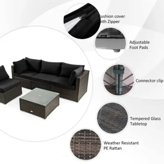 Tangkula 6 Piece Patio Wicker Conversation Set, Outdoor Rattan Sofa Set w/ 32" Propane Fire Pit Table, 50,000 BTU Heat, Tempered Glass Tabletop Black/Navy Blue/Red/Turquoise/Off White image {6}