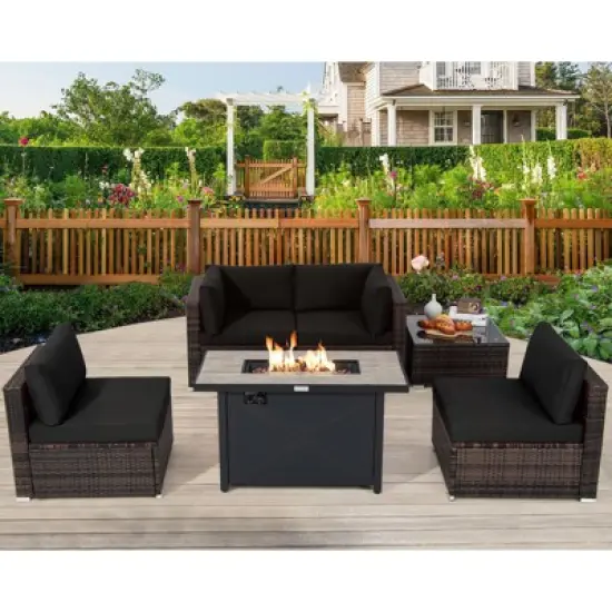 Tangkula 6 Pieces Outdoor PE Rattan Wicker Sectional Sofa with 42" 60,000 BTU Gas Fire Pit Table, Patio Conversation Set with Tempered Glass Coffee Table Black/Navy Blue/Red/Turquoise/Off White image {2}