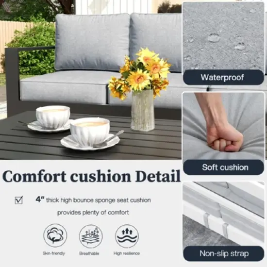 LayinSun 4 Pieces Aluminum Outdoor Patio Furniture Set, Metal Modern Conversation Sofa Set with Coffee Table and Washable Thick Cushions image {3}