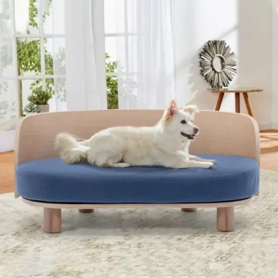 Corgi 26" Wide Small Dog Bed with Removable Cover,Velvet Cushion With Solid Wood legs and Bent Wood Back-The Pop Maison image {11}