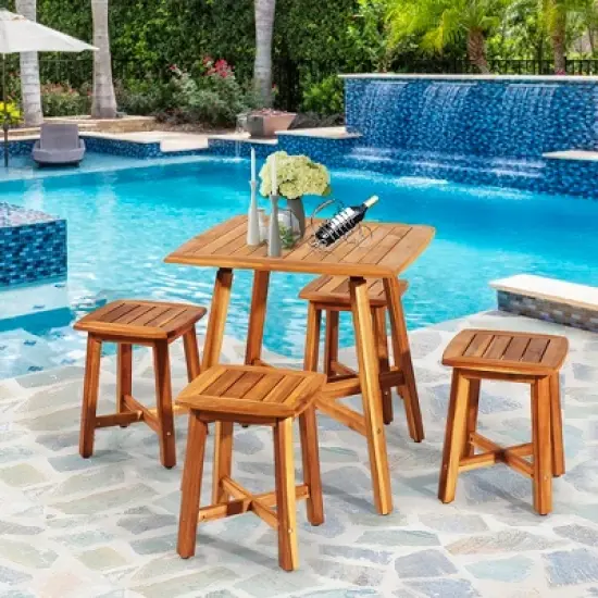Costway 5PCS Acacia Patio Dining Set W/Square Table & 4 Stools Reddish Brown image {1}