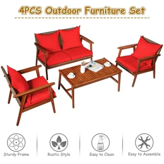 Costway 4PCS Patio Rattan Furniture Set Acacia Wood Frame Cushioned Sofa Chair image {5}