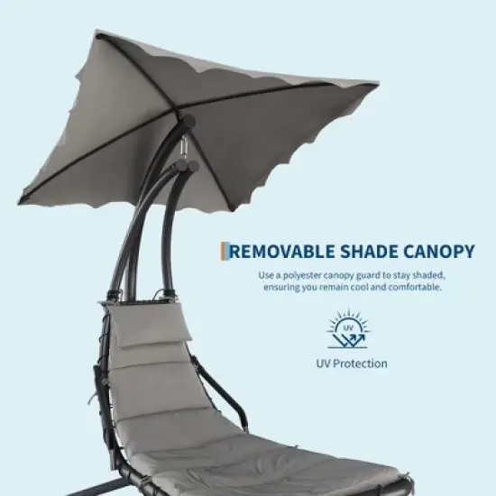 Chaise Lounger Swing Chair with Umbrella Canopy, Patio Hanging Chaise Lounger Chair with Stand, Curved Steel Outdoor Lounge Chairs for Indoor, Outdoor image {3}