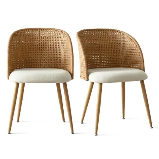 Modern Rattan Dining Chairs, Armchairs with Double-Woven Rattan Back and Beige Upholstered Seat, Natural Style Kitchen Chairs-Maison Boucle image {2}