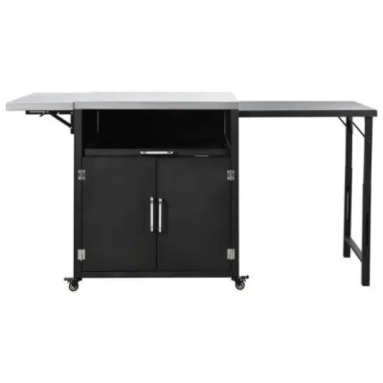 Patio Storage Cabinet, Outdoor Steel Kitchen Islands Serving Carts with Folding & Expandable Work Surfaces, Lockable Wheels, Matte Black -ModernLuxe image {9}