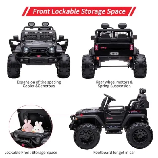 2 Seaters Kids Ride On Truck, 24V 9Ah Electric Riding Car with Remote Control, Led Light, Storage Space, Bottle Holder, Music, Horn, USB image {2}