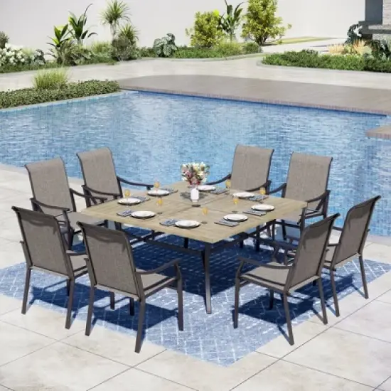 Captiva Designs 9pc Spacious Slat-top Square Metal Table with Umbrella Hole & Brown Textilene Fixed Chairs image {16}