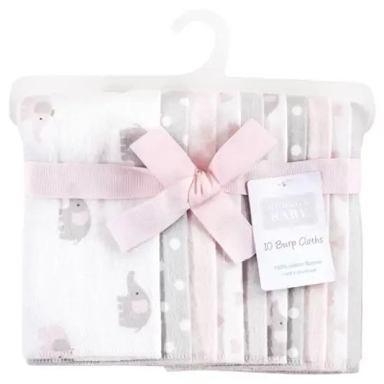 Hudson Baby Infant Girl Cotton Flannel Burp Cloths, Pink Gray Elephant, One Size image {1}