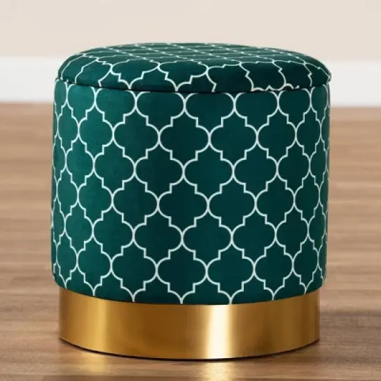 Serra Quatrefoil Velvet Upholstered Metal Storage Ottoman - Baxton Studio image {6}