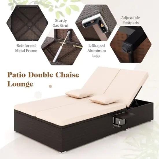 Tangkula Patio Double Chaise Lounge 6 Position Adjustable Wicker Recliner Bed with Cushions & Folding Side Trays image {7}