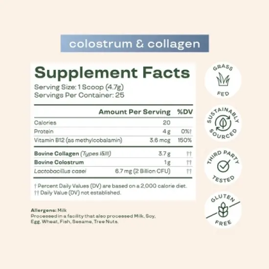BLOOM NUTRITION Colostrum & Collagen Peptides Powder - Unflavored - 4.16oz/25 Servings image {3}