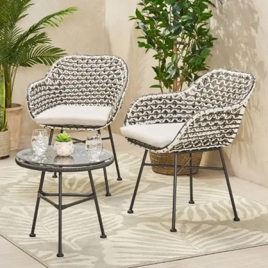 Beulah 3pc Patio Wicker Chat Set - White/Beige/Black - Christopher Knight Home image {1}