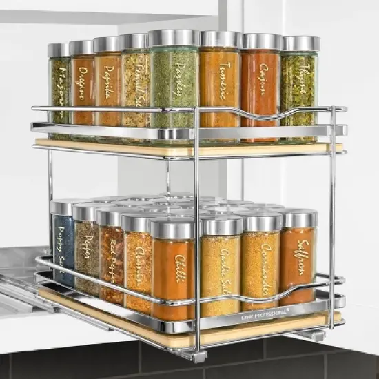 Lynk Professional Slide Out Vertical 8.25" Double Metal/Wood Spice Rack Silver: Kitchen Storage, Pantry Organizer, Pull Out image {2}