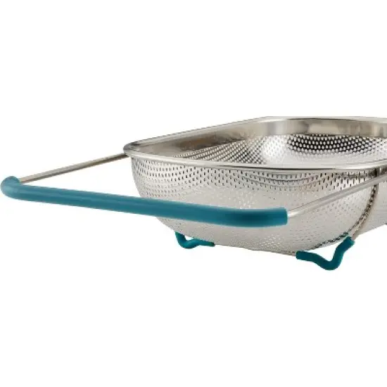 Rachael Ray Tools and Gadgets Over-The-Sink Colander/Strainer, 4.5 Quart, Stainless Steel with Agave Blue Handles image {3}