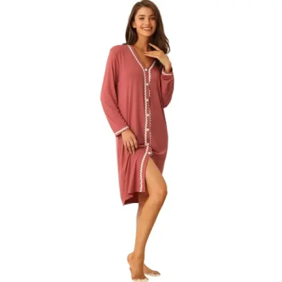cheibear Womens Button Down V Neck Long Sleeve Pajama Nightshirt Dress image {8}