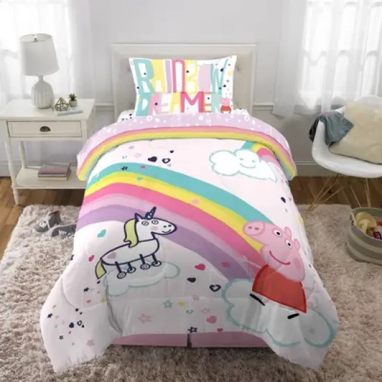Twin Peppa Pig Rainbow Dreamer Reversible Kids' Bedding Bundle: Comforter Set with Pillow Case & Sheets, Multicolor image {12}