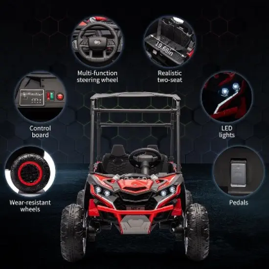 24V Ride On Utv for Kids, 2 Seater Electric Truck with Sun Shade,4WD Electric Car Toy with Remote Control, Led Lights, Music Player, Red image {2}