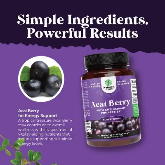 Acai Berry Antioxidant Capsules, Weight Loss Supplement for Immune System, Energy, & Cognitive Health, Nature's Craft, 60ct image {3}
